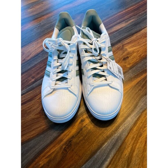 Adidas Grand Court model, white pair with green 3 stripes and heel tab accents. main image 4